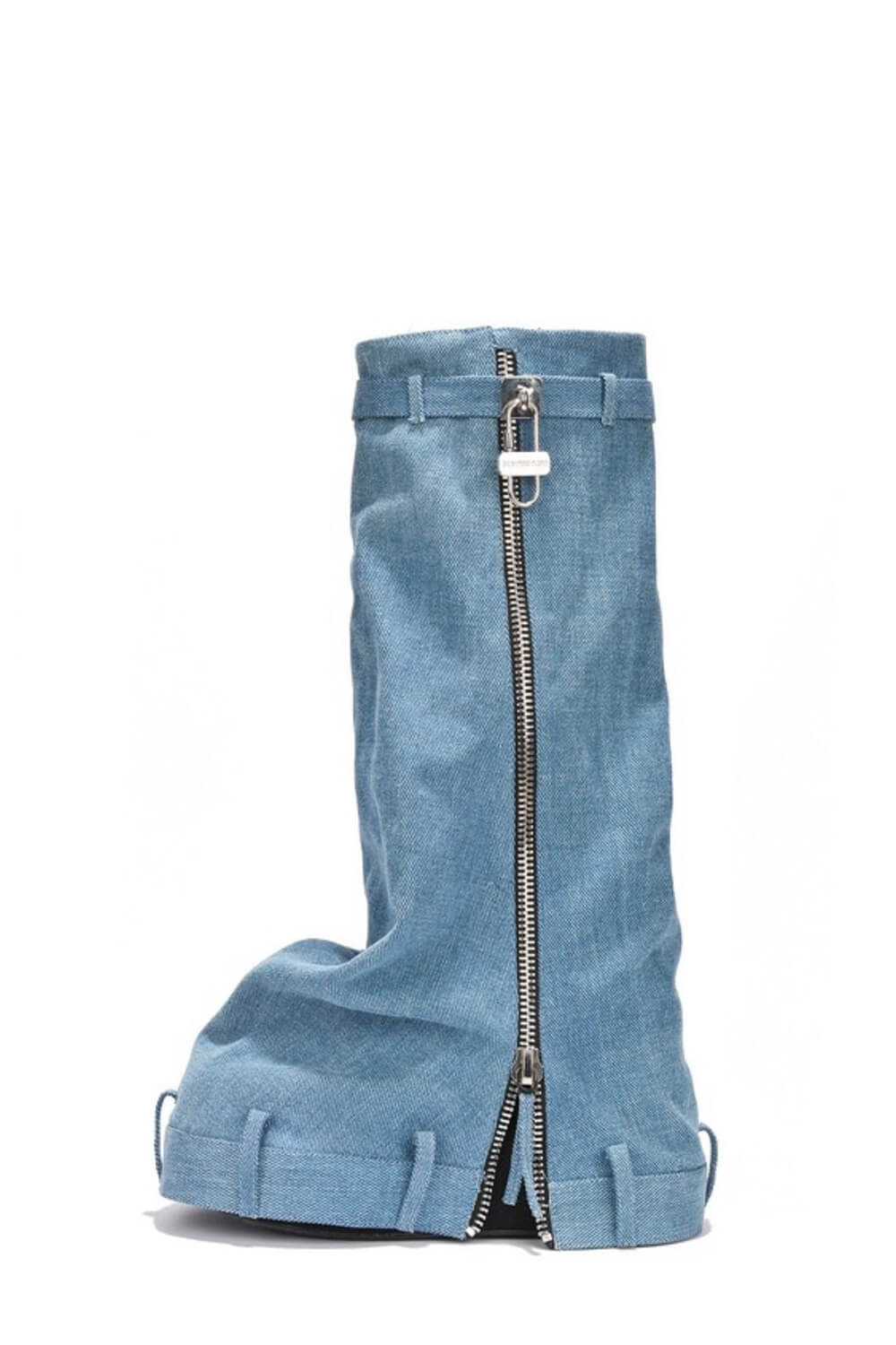 Wrapped Denim Padlock Detail Folded Wedge Heel Mid Calf Chunky Biker Boots - Light Blue