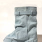 Wrapped Denim Padlock Detail Folded Wedge Heel Mid Calf Chunky Biker Boots - Light Blue