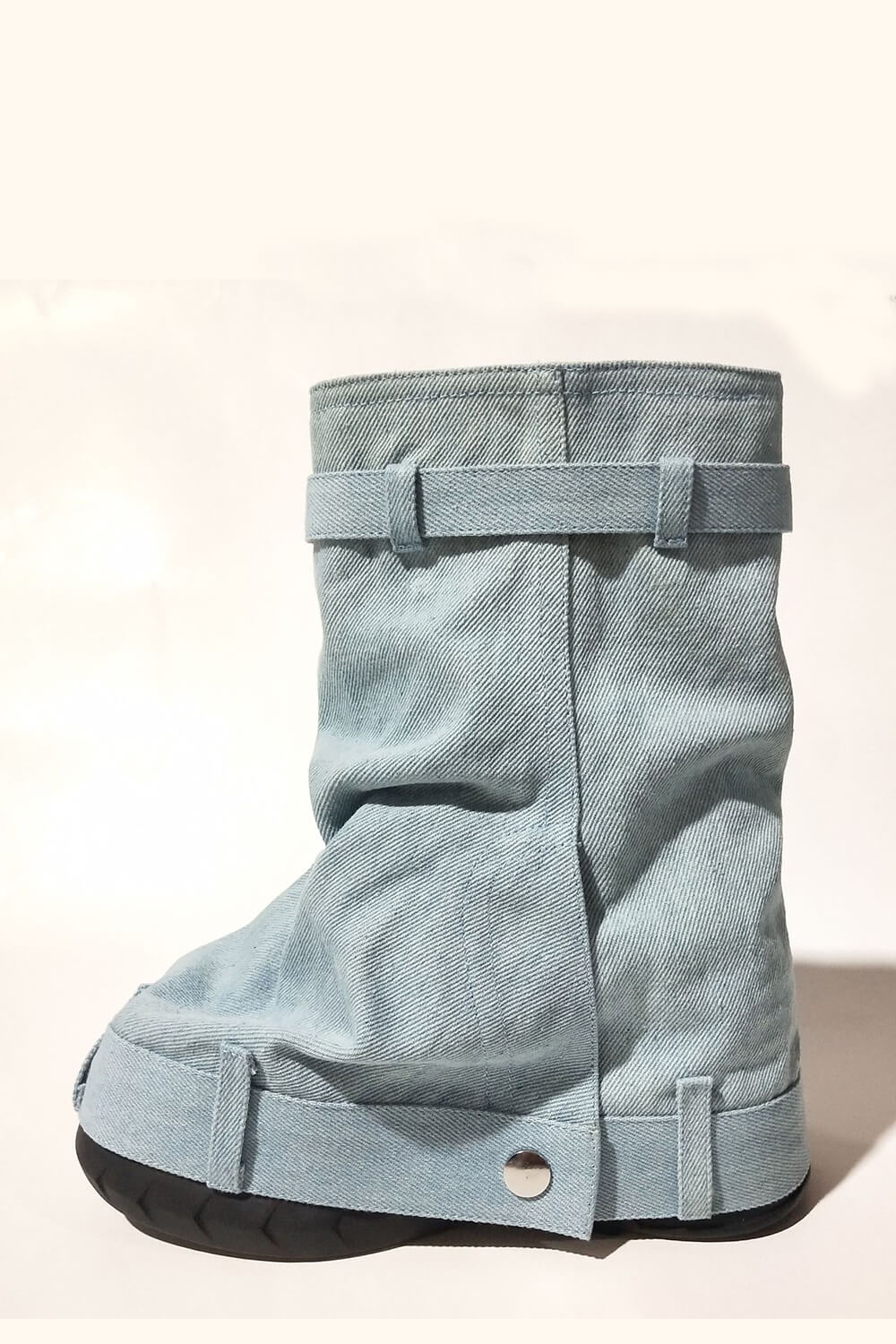 Wrapped Denim Padlock Detail Folded Wedge Heel Mid Calf Chunky Biker Boots - Light Blue