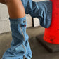 Wrapped Denim Padlock Detail Folded Wedge Heel Mid Calf Chunky Biker Boots - Light Blue