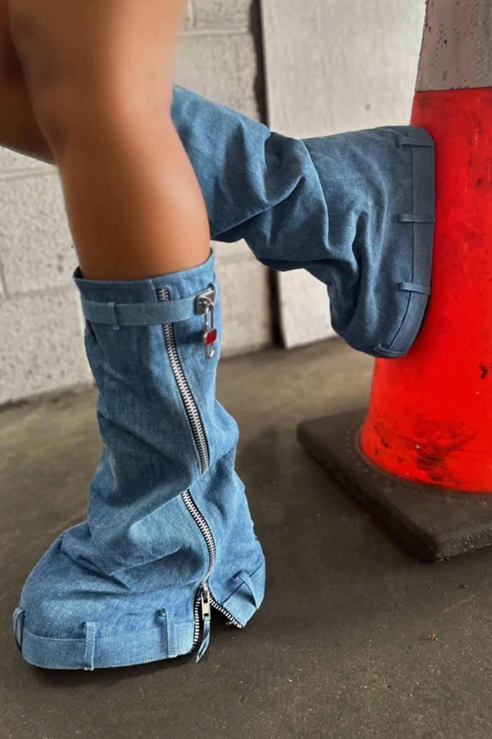 Wrapped Denim Padlock Detail Folded Wedge Heel Mid Calf Chunky Biker Boots - Light Blue