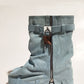 Wrapped Denim Padlock Detail Folded Wedge Heel Mid Calf Chunky Biker Boots - Light Blue