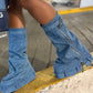 Wrapped Denim Padlock Detail Folded Wedge Heel Mid Calf Chunky Biker Boots - Light Blue