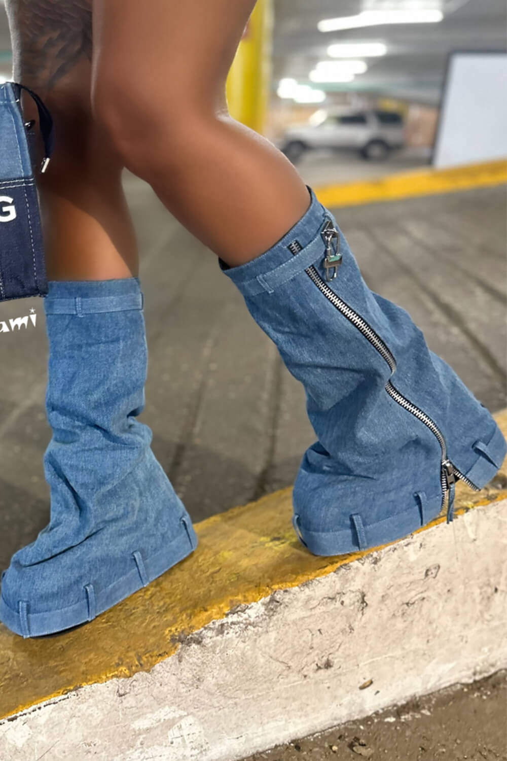 Wrapped Denim Padlock Detail Folded Wedge Heel Mid Calf Chunky Biker Boots - Light Blue