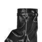 Wrapped Faux Leather Padlock Detail Folded Wedge Heel Mid Calf Chunky Biker Boots - Black
