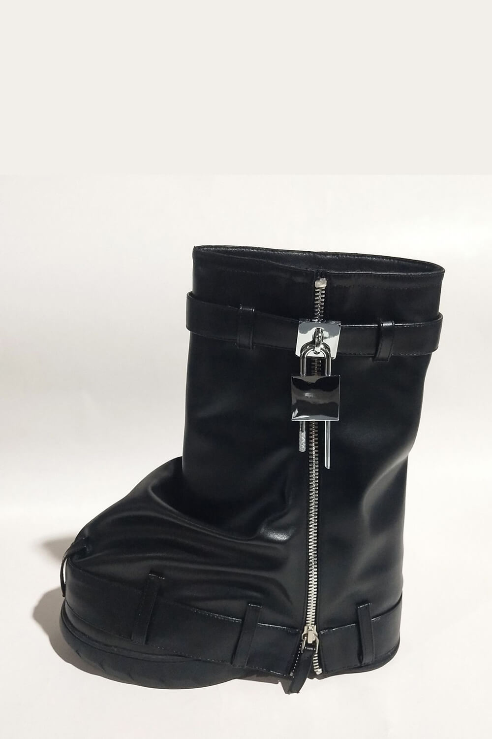 Wrapped Faux Leather Padlock Detail Folded Wedge Heel Mid Calf Chunky Biker Boots - Black