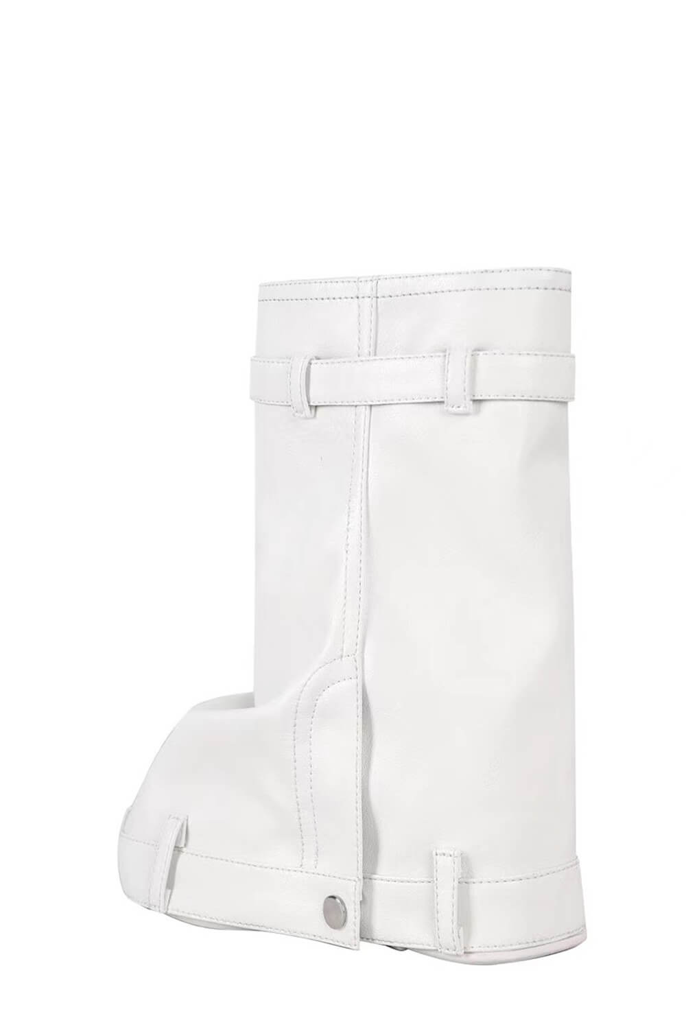 Wrapped Faux Leather Padlock Detail Folded Wedge Heel Mid Calf Chunky Biker Boots - White