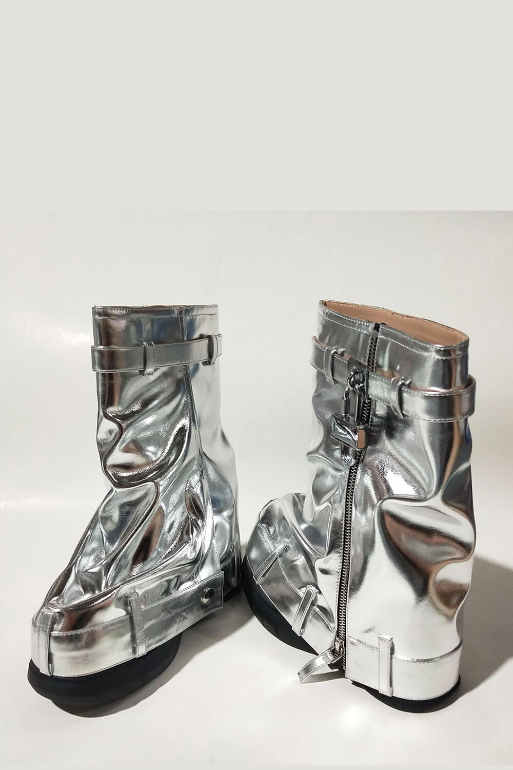 Wrapped Faux Leather Padlock Detail Folded Wedge Heel Mid Calf Chunky Biker Boots - Silver