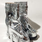 Wrapped Faux Leather Padlock Detail Folded Wedge Heel Mid Calf Chunky Biker Boots - Silver