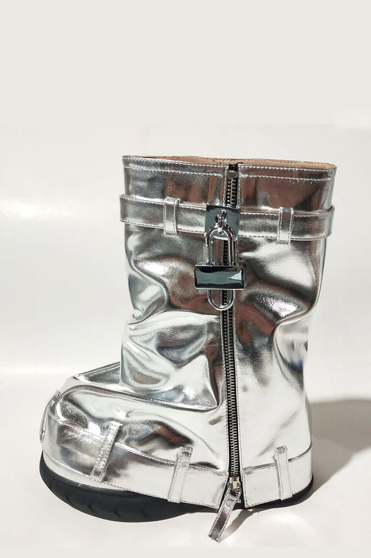 Wrapped Faux Leather Padlock Detail Folded Wedge Heel Mid Calf Chunky Biker Boots - Silver