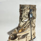 Wrapped Faux Leather Padlock Detail Folded Wedge Heel Mid Calf Chunky Biker Boots - Gold