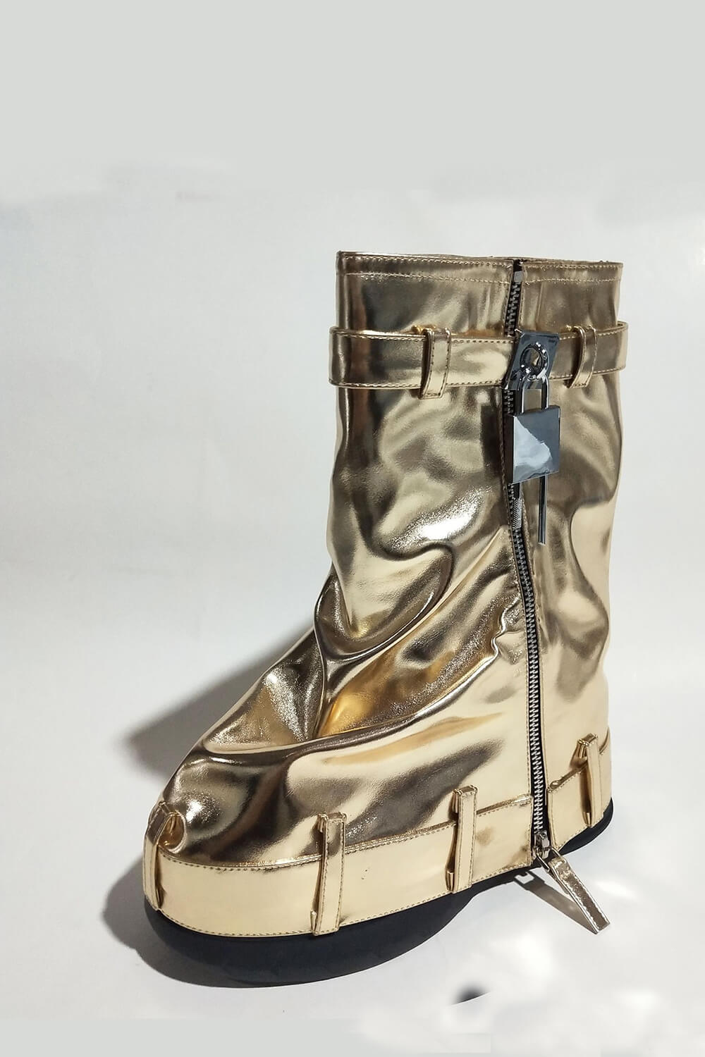 Wrapped Faux Leather Padlock Detail Folded Wedge Heel Mid Calf Chunky Biker Boots - Gold