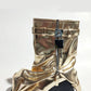 Wrapped Faux Leather Padlock Detail Folded Wedge Heel Mid Calf Chunky Biker Boots - Gold