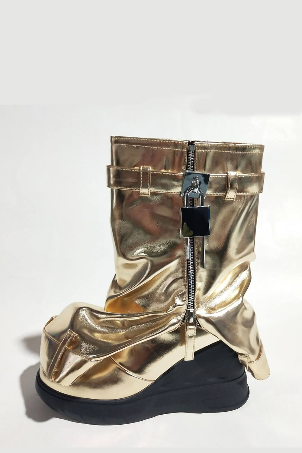 Wrapped Faux Leather Padlock Detail Folded Wedge Heel Mid Calf Chunky Biker Boots - Gold