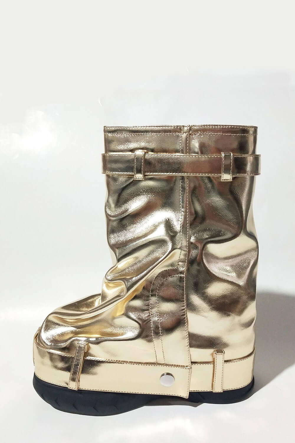 Wrapped Faux Leather Padlock Detail Folded Wedge Heel Mid Calf Chunky Biker Boots - Gold