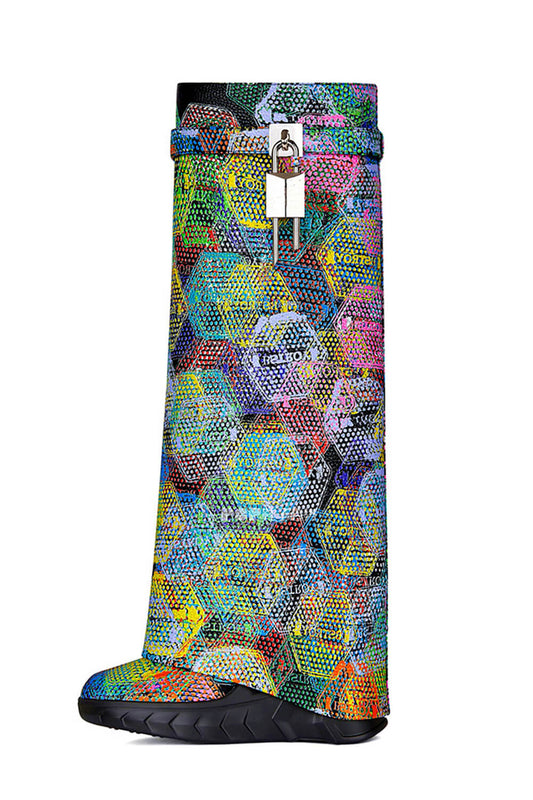 Multicolored Printed Padlock Detail Folded Wedge Heel Knee High Long Chunky Biker Boots