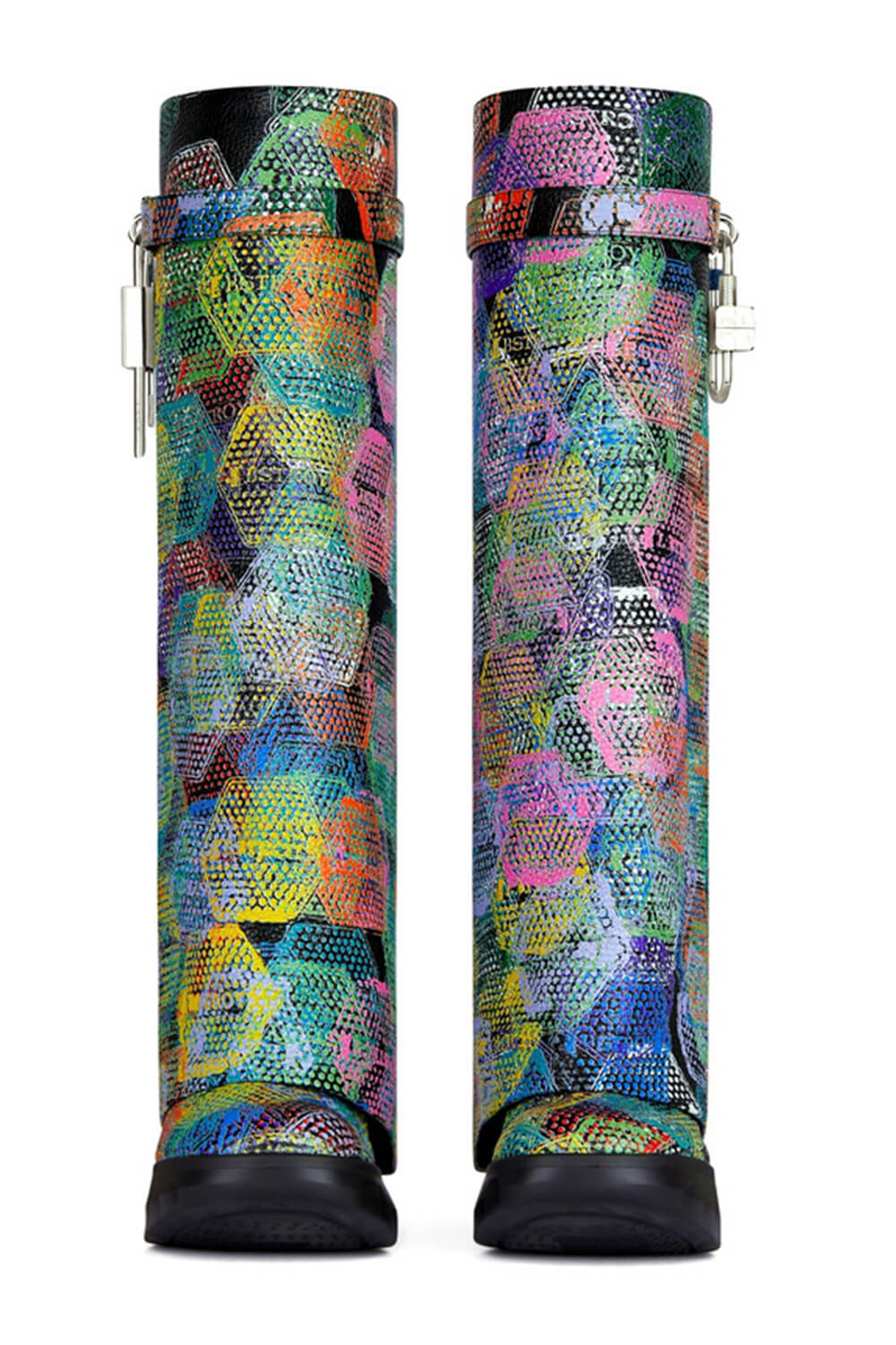 Multicolored Printed Padlock Detail Folded Wedge Heel Knee High Long Chunky Biker Boots