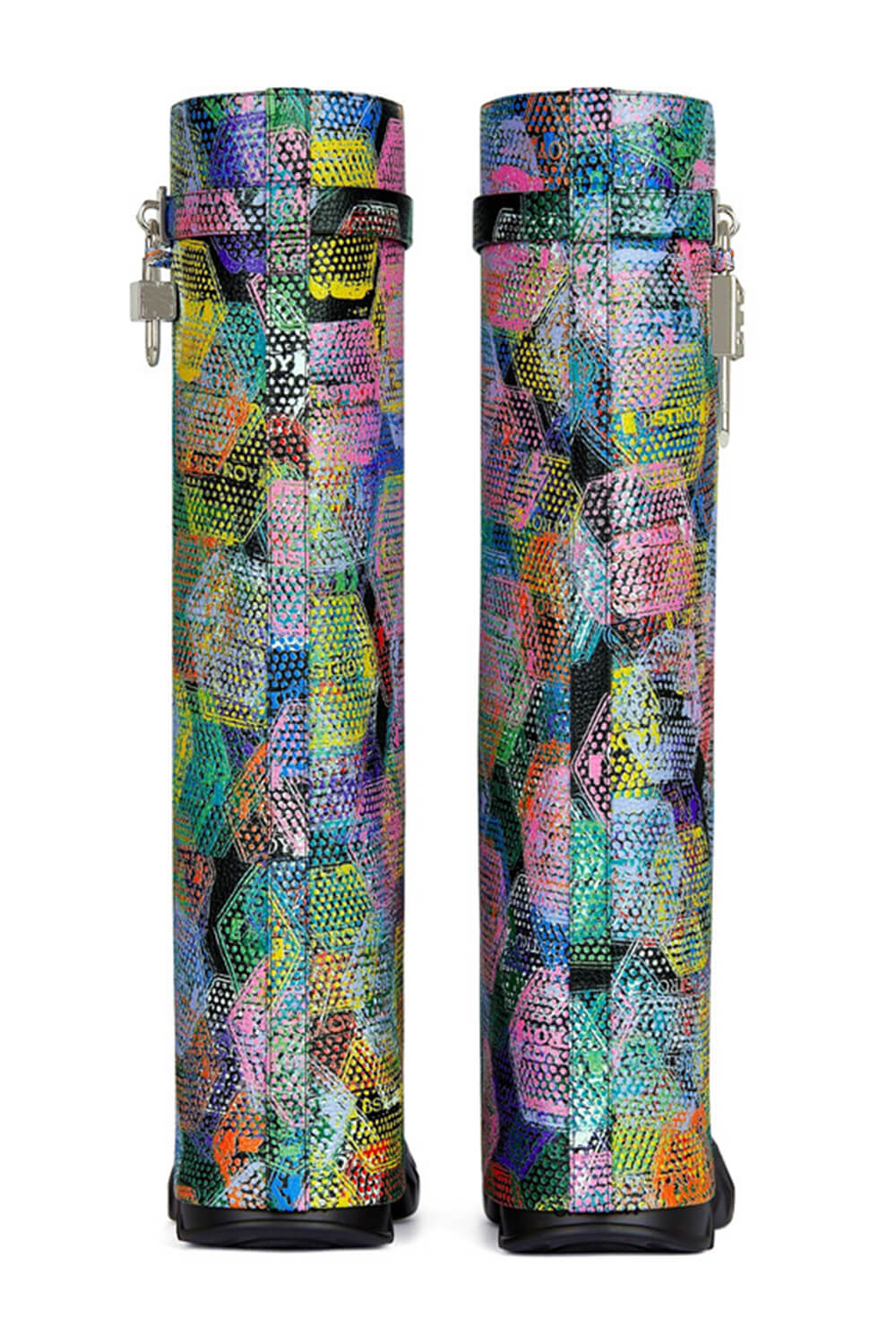 Multicolored Printed Padlock Detail Folded Wedge Heel Knee High Long Chunky Biker Boots