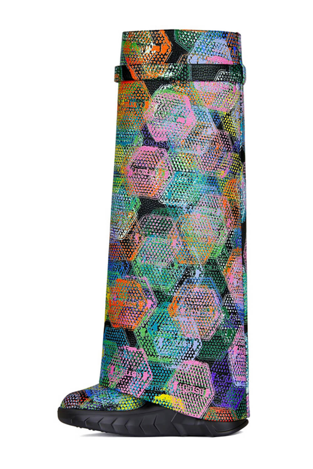 Multicolored Printed Padlock Detail Folded Wedge Heel Knee High Long Chunky Biker Boots