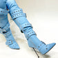 Multi Buckle Pointed Toe Thigh High Stiletto Heel Boots - Blue