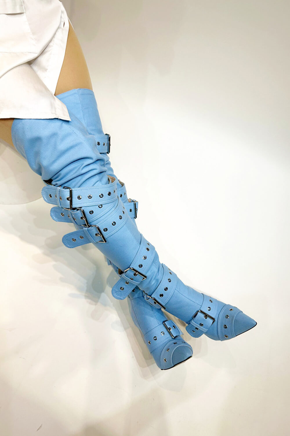 Multi Buckle Pointed Toe Thigh High Stiletto Heel Boots - Blue