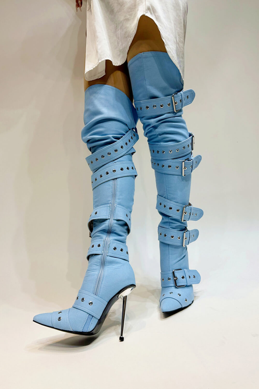 Multi Buckle Pointed Toe Thigh High Stiletto Heel Boots - Blue