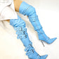 Multi Buckle Pointed Toe Thigh High Stiletto Heel Boots - Blue