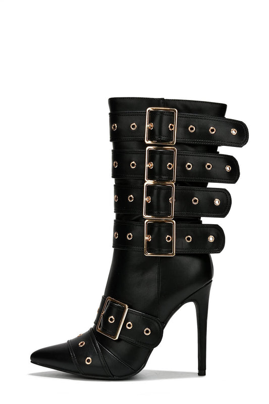 Multi Buckle Pointed Toe Ankle High Heel Boots - Black