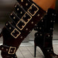 Multi Buckle Pointed Toe Ankle High Heel Boots - Black
