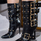 Multi Buckle Pointed Toe Ankle High Heel Boots - Black