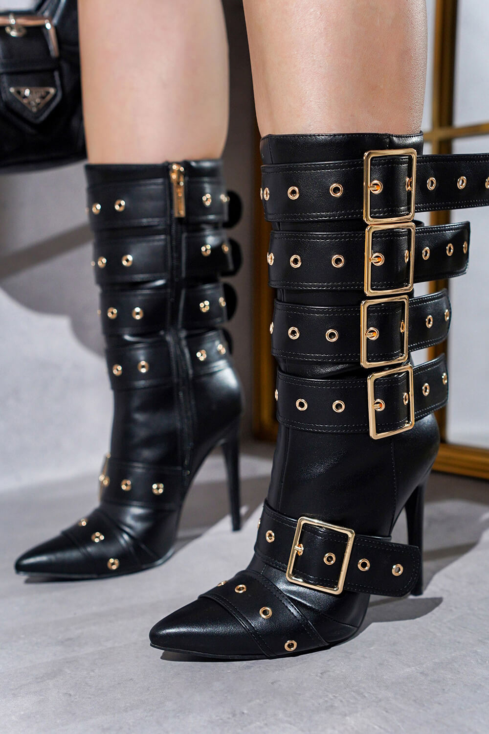 Multi Buckle Pointed Toe Ankle High Heel Boots - Black