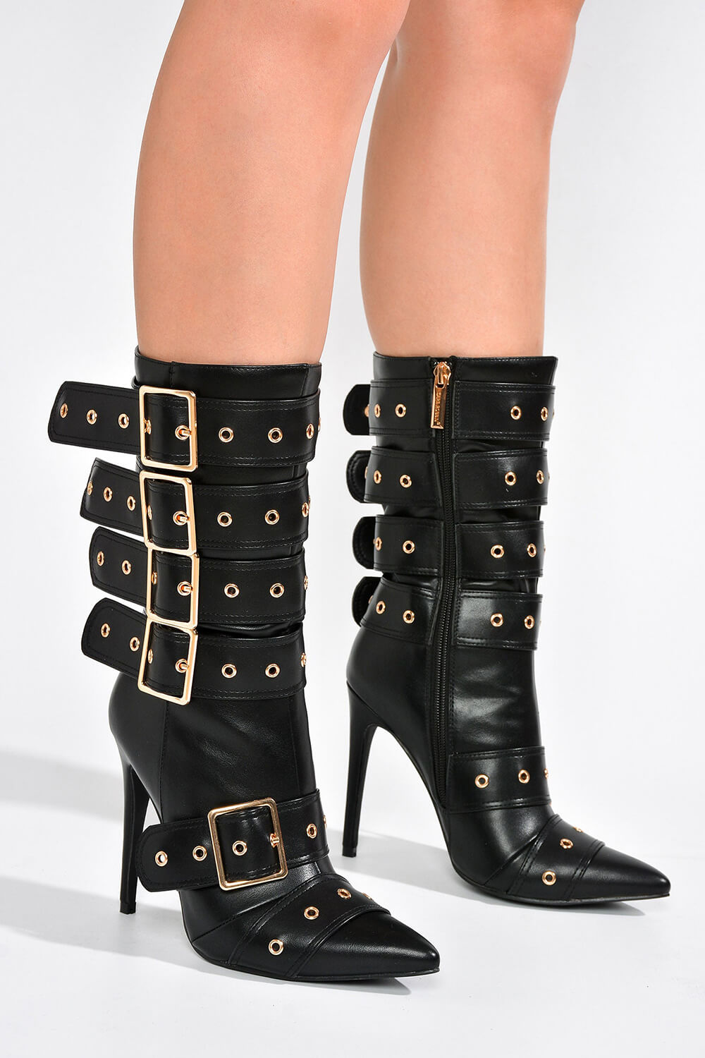 Multi Buckle Pointed Toe Ankle High Heel Boots - Black