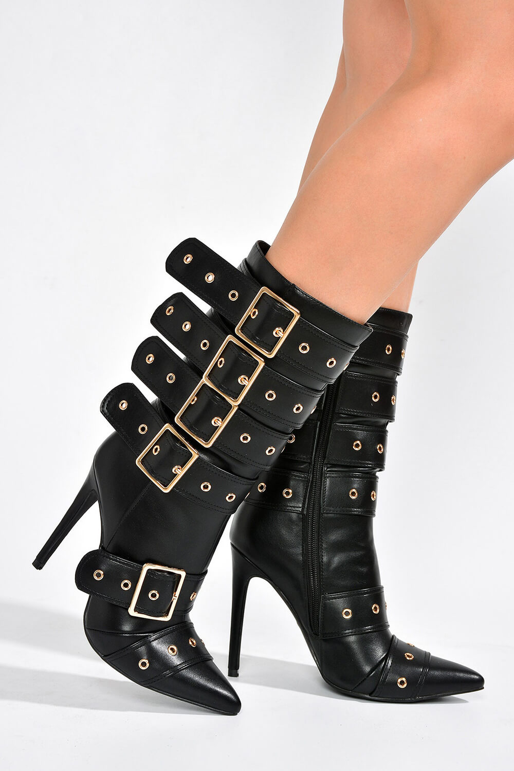 Multi Buckle Pointed Toe Ankle High Heel Boots - Black