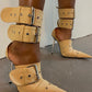 Multi Buckle Pointed Toe Ankle Stiletto Heel Boots - Khaki