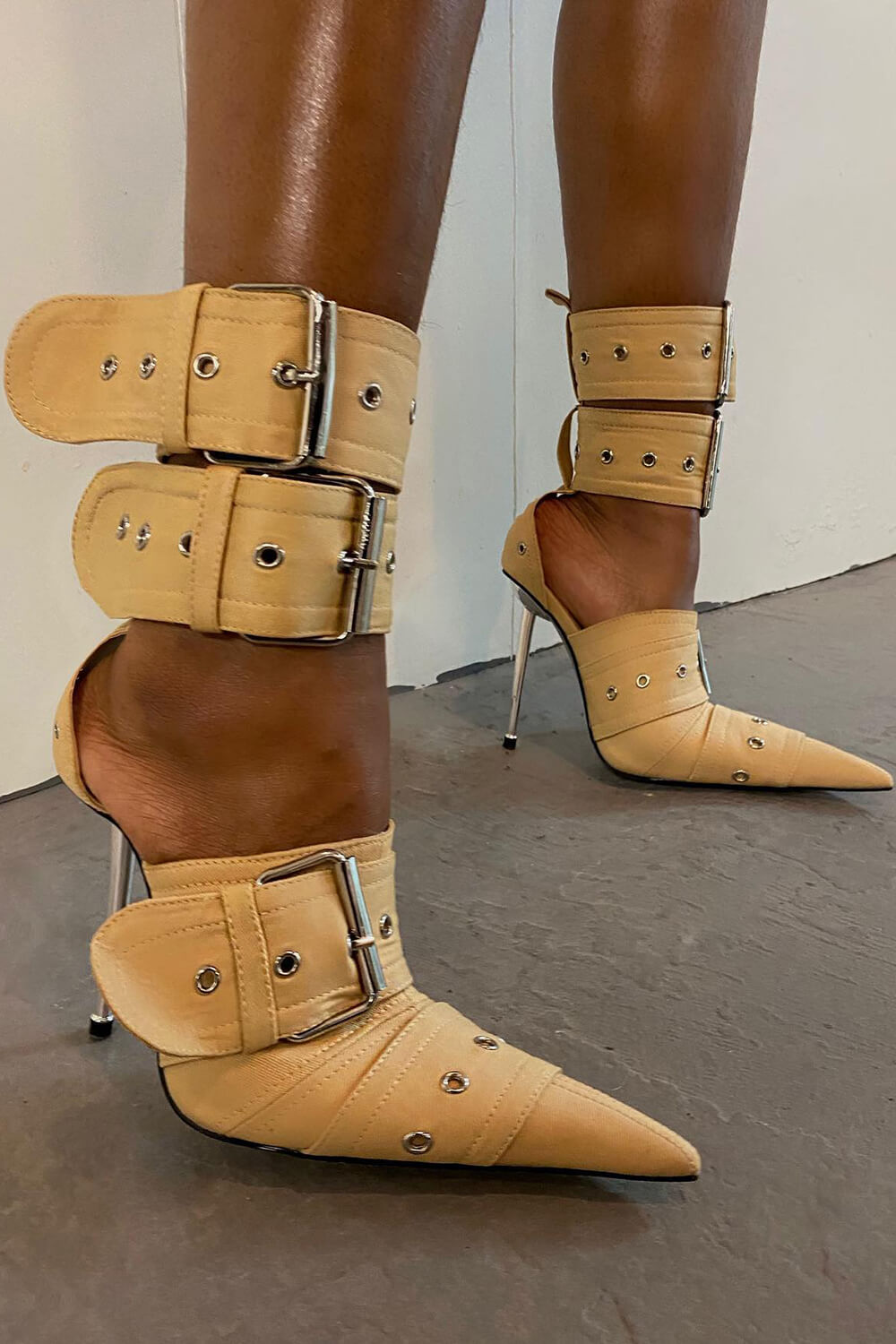 Multi Buckle Pointed Toe Ankle Stiletto Heel Boots - Khaki