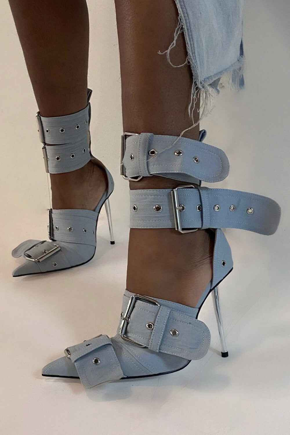 Multi Buckle Pointed Toe Ankle Stiletto Heel Boots - Blue