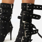 Multi Buckle Pointed Toe Above The Ankle High Heel Boots - Black