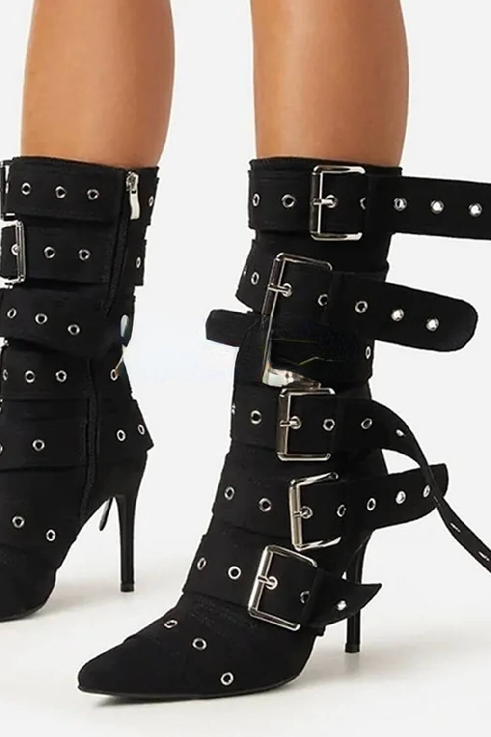 Multi Buckle Pointed Toe Above The Ankle High Heel Boots - Black