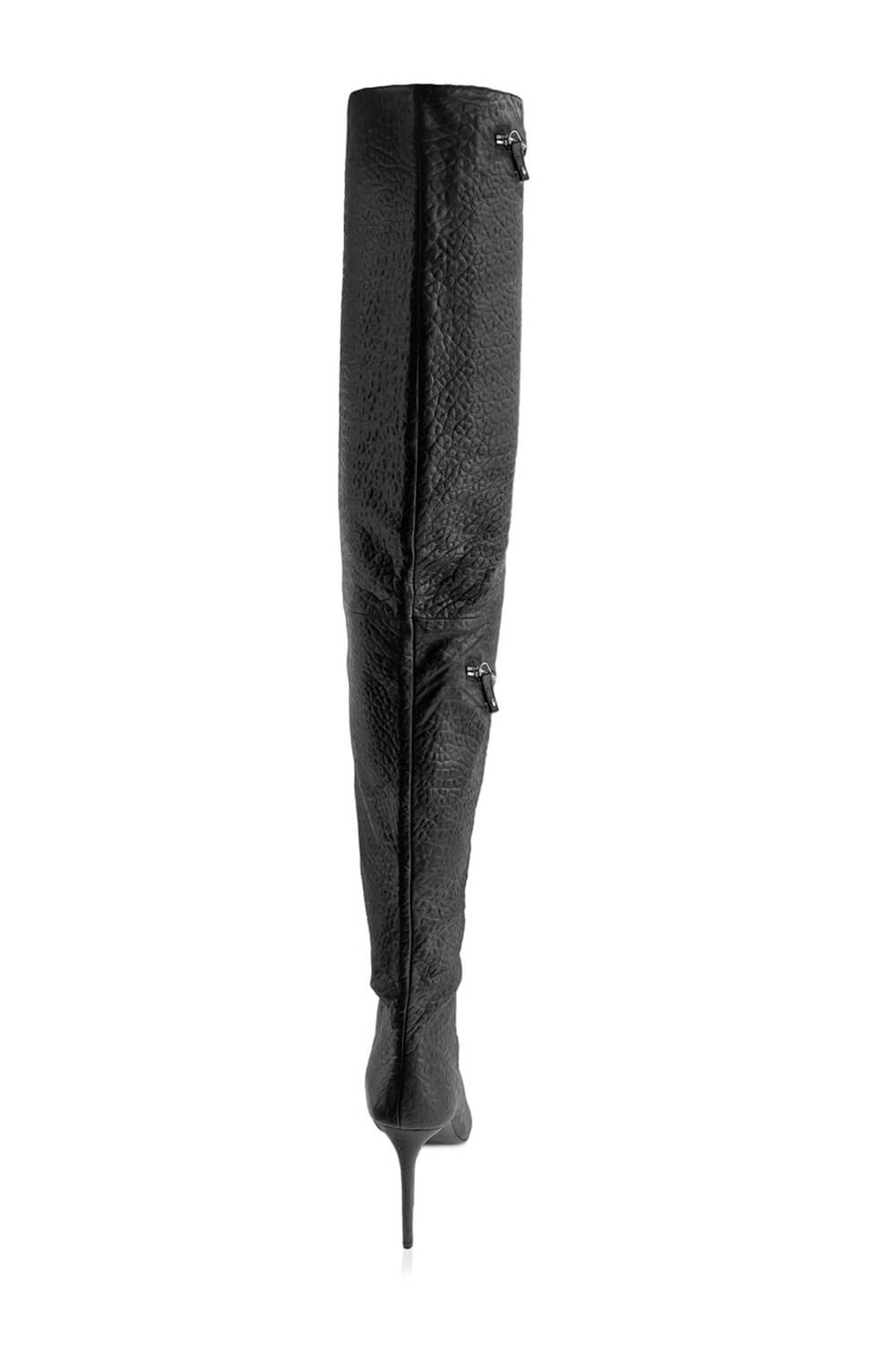 Bubble Textured Faux Leather Zip Detail Cargo Thigh High Stiletto Boots - Black