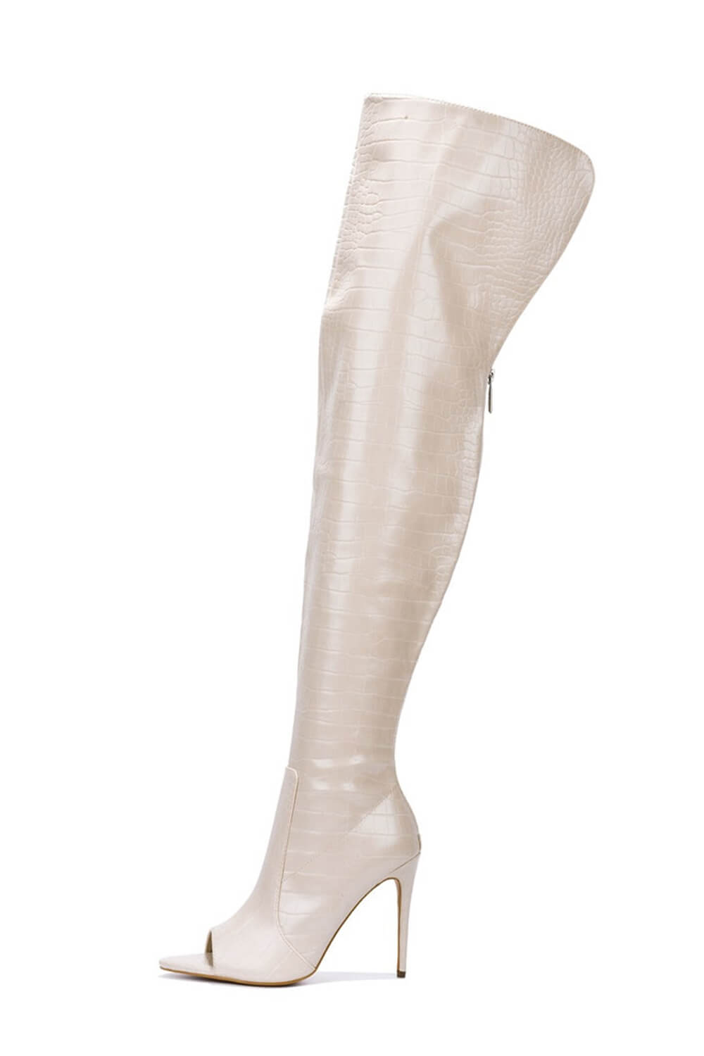 Crocodile-Effect Peep Toe Thigh High Stiletto Boots - White
