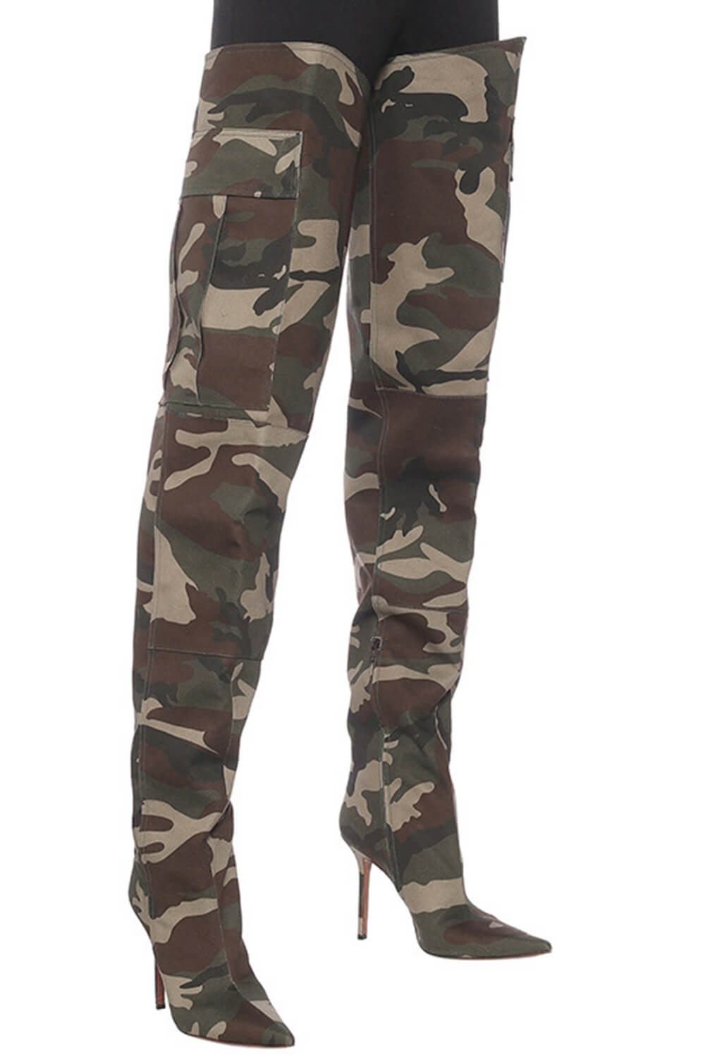 Camo Canvas Pocket Pointy Toe Over-The-Knee High Stiletto Boots