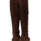 Faux Suede Open Toe Thong Strap Knee High Heeled Boots - Brown