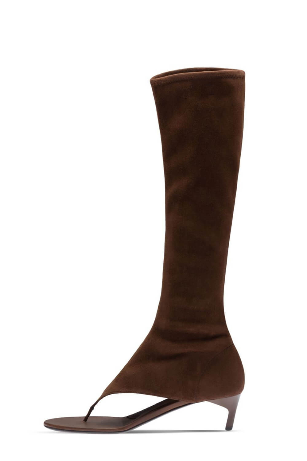 Faux Suede Open Toe Thong Strap Knee High Heeled Boots - Brown