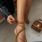 Tan Brown Faux Leather Lace Up Square Toe  Sculptured Heel
