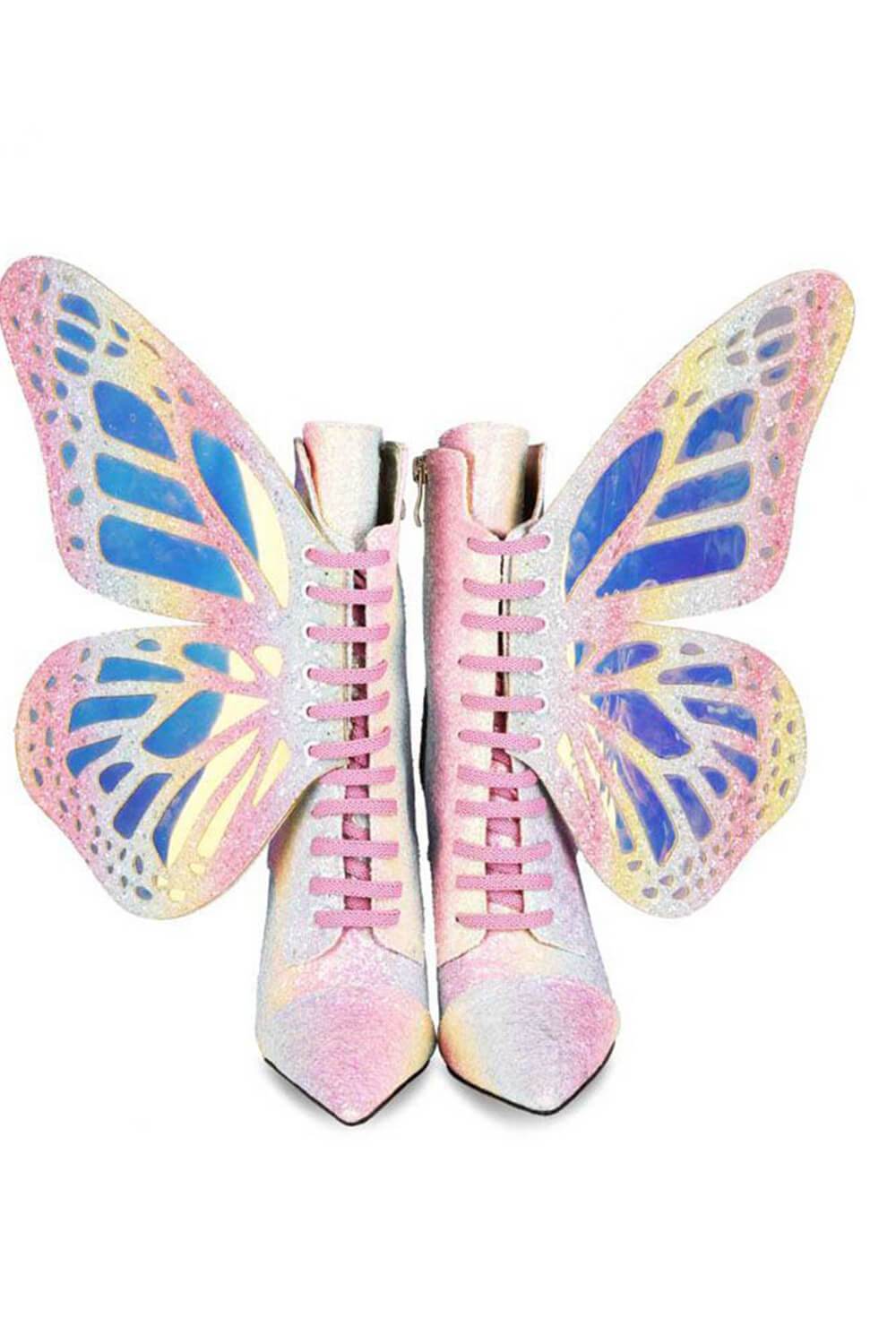 Rainbow Metamorphic Glitter Lace Up Heeled Boots With Butterfly Wings