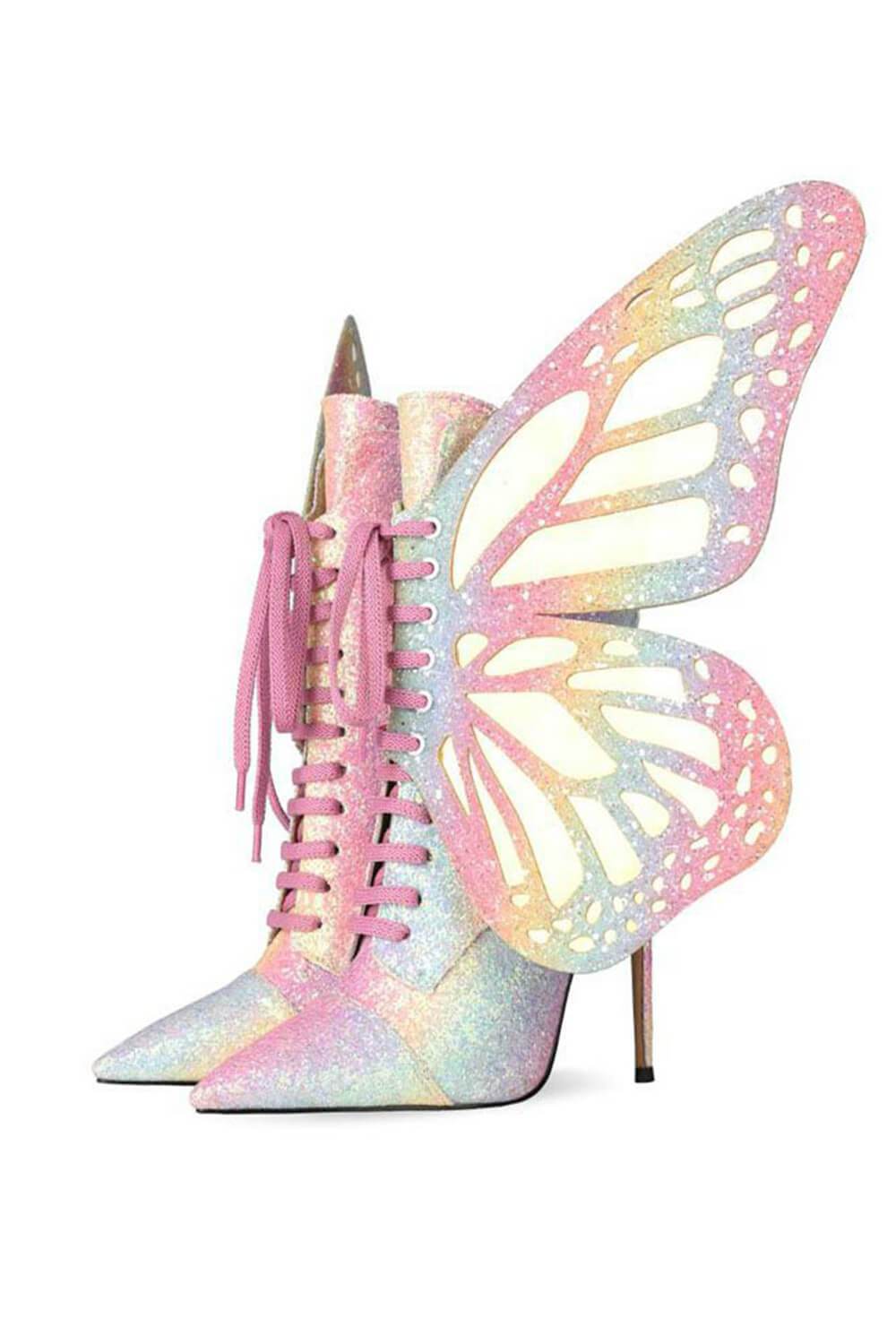 Rainbow Metamorphic Glitter Lace Up Heeled Boots With Butterfly Wings