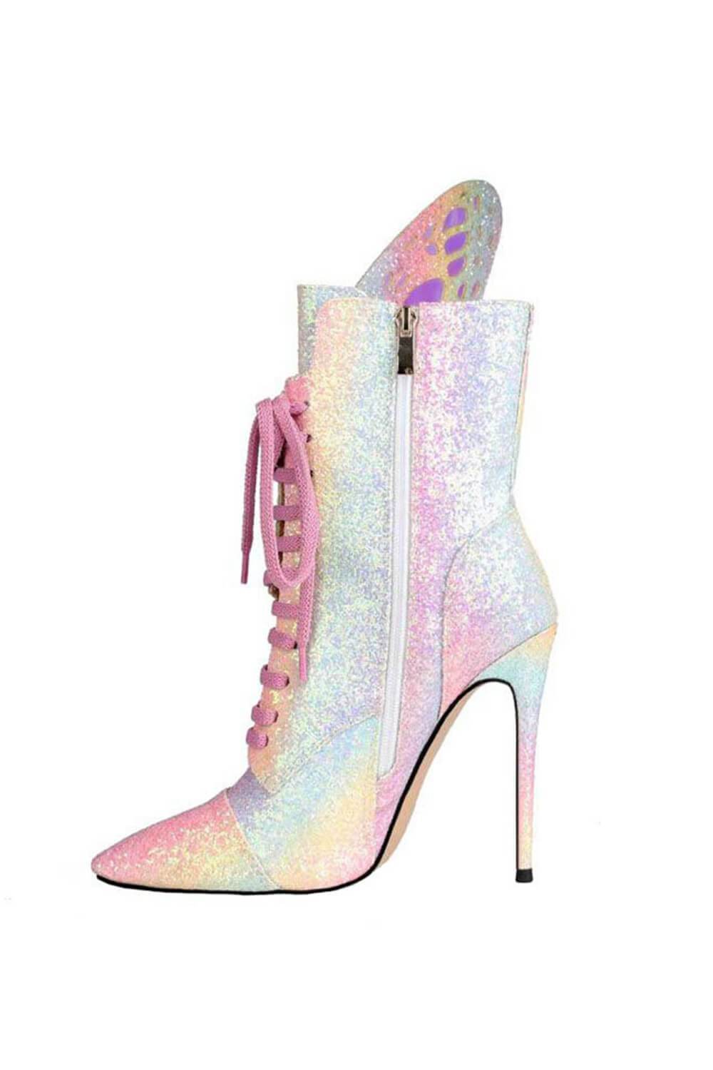 Rainbow Metamorphic Glitter Lace Up Heeled Boots With Butterfly Wings