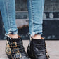 Black Gunmetal Flower Studded Leather Ankle Boots