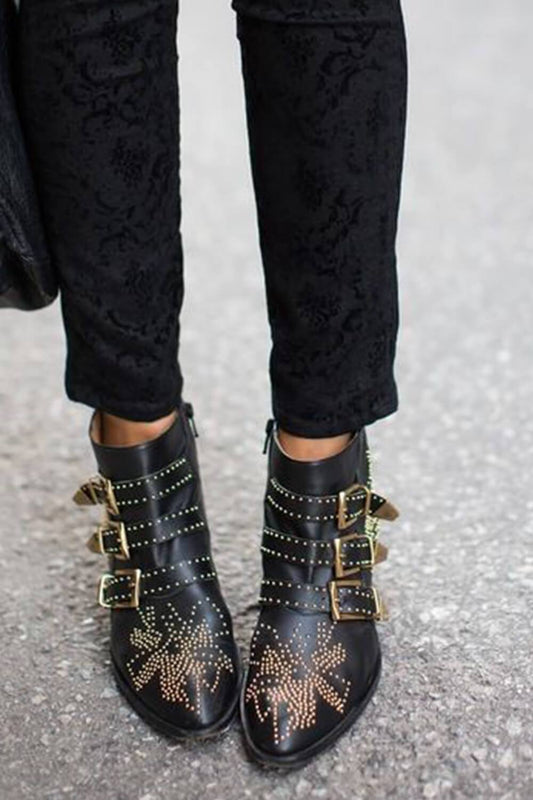 Black Gunmetal Flower Studded Leather Ankle Boots