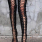 Black Suede Lace Up Peep Toe Thigh High Boots